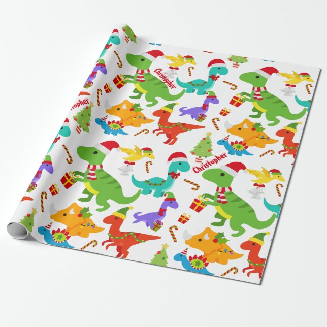 Papier Cadeau Noël des Dinosaures mignons Personnalisé (Déroulé)