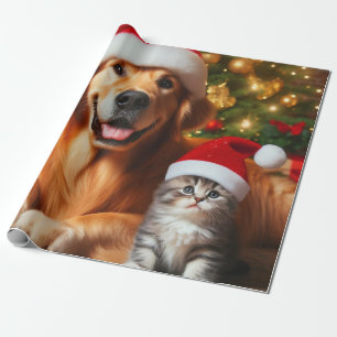 Papier Cadeau Noël des mignons Chien et Chat Père Noël