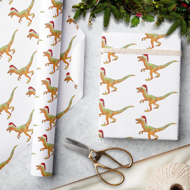 Papier Cadeau Noël Dinosaure Raptor (Christmas dinosaur velociraptor wearing a santa hat pattern holiday wrapping paper festive raptor )