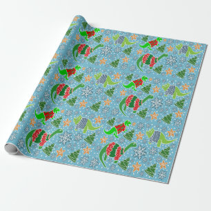 Papier Cadeau Noël du dinosaure bleu ciel