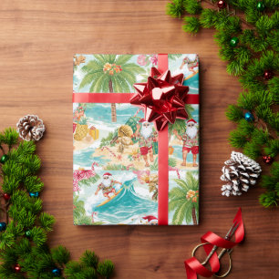 Papier Cadeau Noël du Père Noël en juillet à la plage surfeur