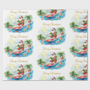 Papier Cadeau Noël du Père Noël en juillet à la plage surfeur