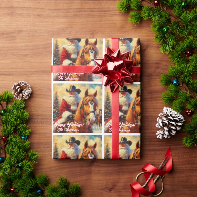 Papier Cadeau Noël du Père Noël occidental et du Cheval (Cadeau de vacances)