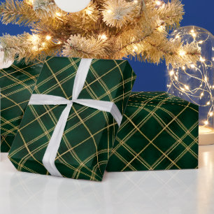 Papier Cadeau Noël élégant à carreaux émeraude or