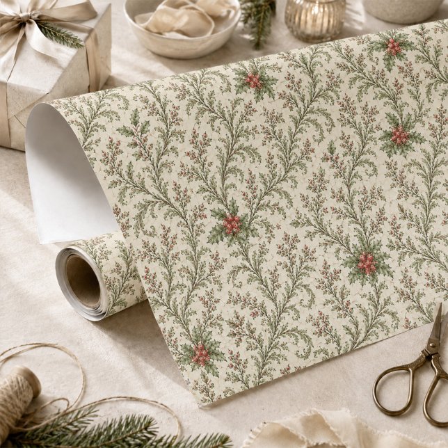 Papier Cadeau Noël Élégant Feuillage Rouge et Vert de Fête (Elegant red and green botanical wrapping paper with timeless vintage Christmas charm.)