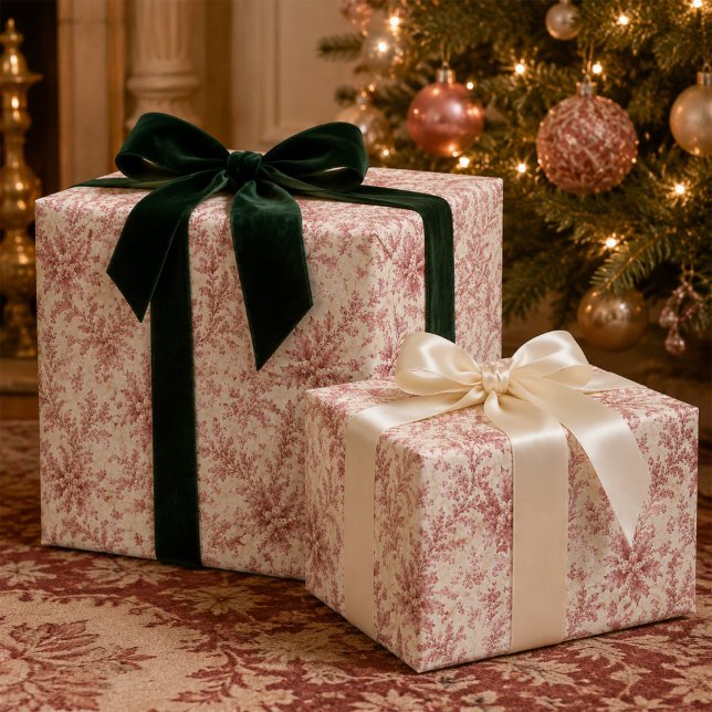 Papier Cadeau Noël Élégant Feuillage Rouge Verdure Fêtes (Elegant red botanical Christmas wrapping paper with vintage holly and scrolling foliage.)