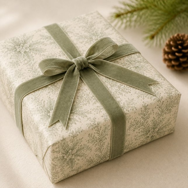 Papier Cadeau Noël Élégant Feuillage Vert Fêtes (Muted sage foliage creates timeless holiday gift wrap for beautifully wrapped presents.)