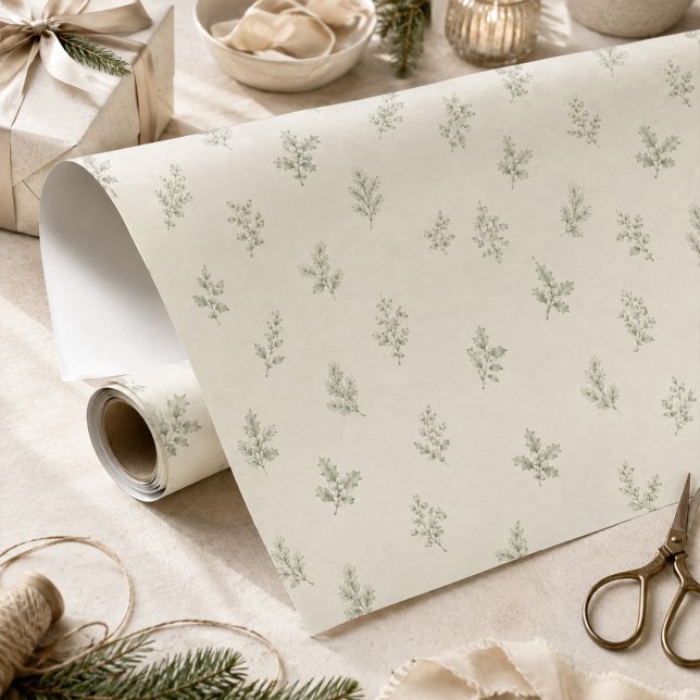 Papier Cadeau Noël Élégant Feuillage Vert Simple (Delicate green foliage wrapping paper roll with a plain white reverse side.)