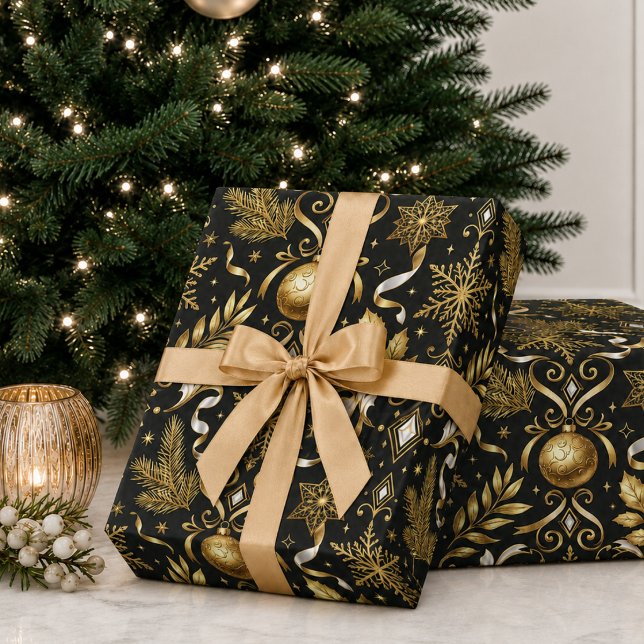 Papier Cadeau Noël Élégant Or Noir et Or (elegant black gold snowflake greenery ornaments Christmas holiday wrapping paper )