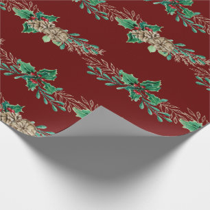 Papier Cadeau Noël Elégante Bourgogne Gold Holly Berries