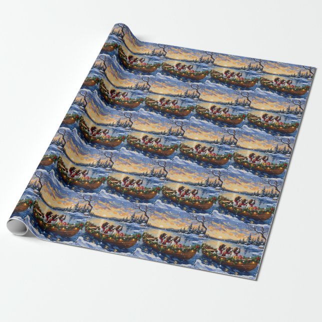 Papier Cadeau Noël en bateau avec Springer Spaniel (Déroulé)