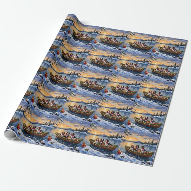 Papier Cadeau Noël en bateau avec un Brittany Spaniel (Déroulé)