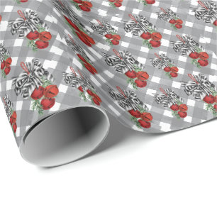Papier Cadeau Noël en noir et blanc Cloches Rouges