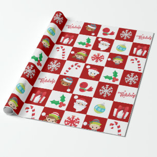 Papier Cadeau Noël en rouge et blanc à carreaux Dessin animé