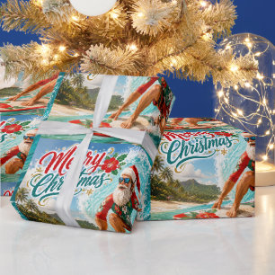 Papier Cadeau Noël en surf avec le Père Noël
