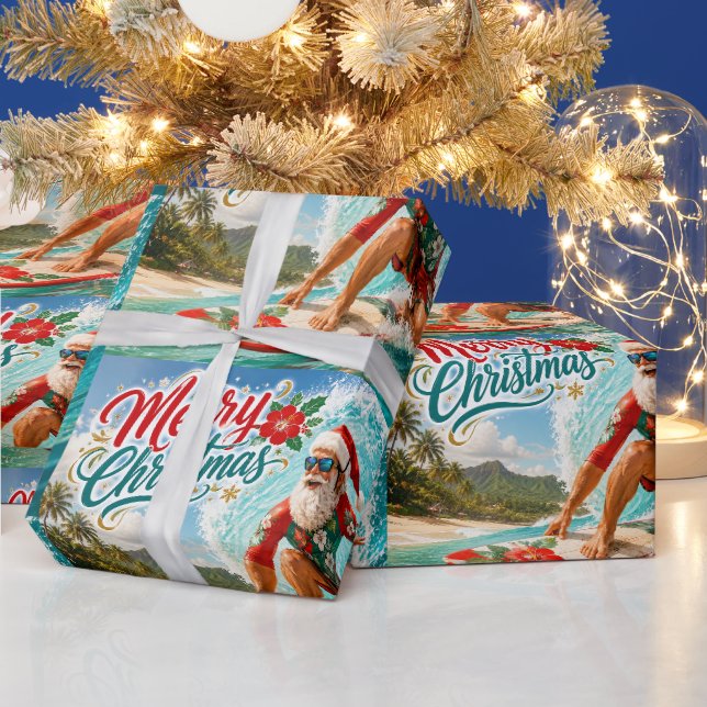 Papier Cadeau Noël en surf avec le Père Noël (Vacances)