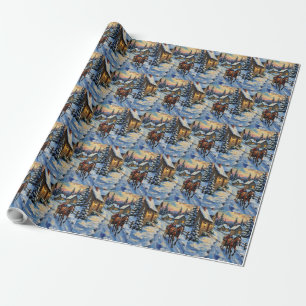Papier Cadeau Noël enneigé avec cheval et traîneau vintage