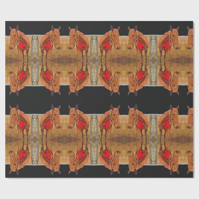 Papier Cadeau Noël équin, Cheval Brown avec arc rouge (Plat)