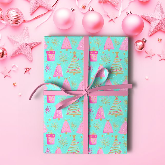 Papier Cadeau Noël festif rose et aqua (Créateur téléchargé)