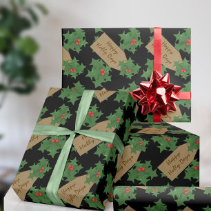 Papier Cadeau Noël Fête de Noël Baie de Houx Personnalisé Noir N