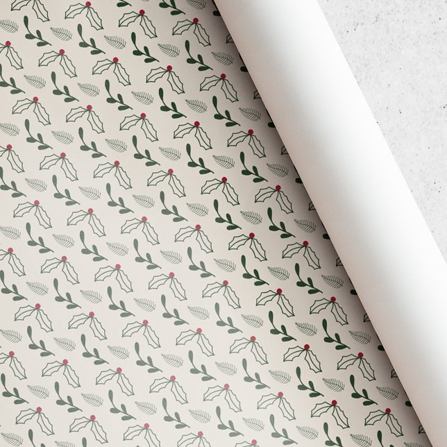 Papier Cadeau Noël Feuillage Baie de Houx Beige Rustique (Créateur téléchargé)
