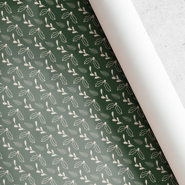 Papier Cadeau Noël Feuillage de Baie de Houx Vert Forêt Rustique (Créateur téléchargé)