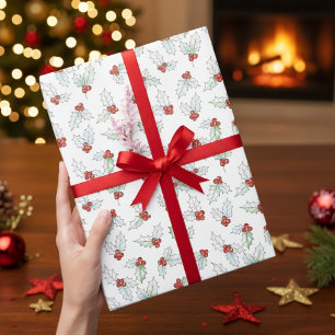 Papier Cadeau Noël Feuilles de Houx et Baies Rouges Aquarelle