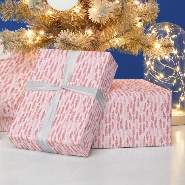 Papier Cadeau Noël feuilles de pin roses et marron (Vacances)