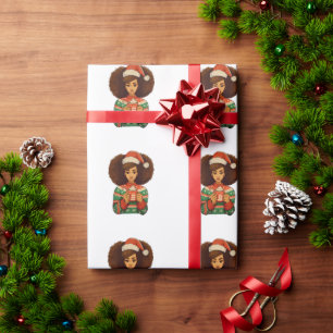 Papier Cadeau Noël Fille Afro Noire Chapeau Santa Africain