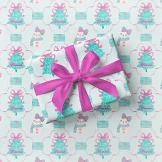 Papier cadeau Noël Fille Menthe Prépa Ruban Rose