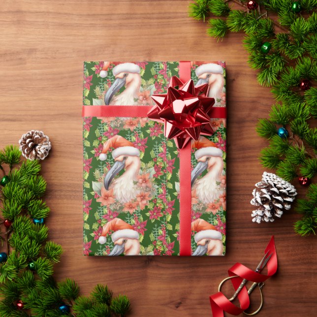 Papier Cadeau Noël Flamant rose avec Santa Hat et Poinsettia (Cadeau de vacances)