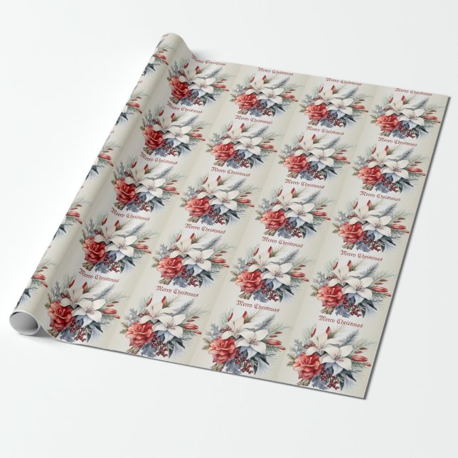Papier Cadeau Noël Fleurs Blanches Rouges Élégantes Fêtes (Déroulé)