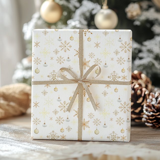 Papier Cadeau Noël Flocon de Neige Luxe Blanc & Or (Créateur téléchargé)