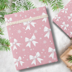 Papier Cadeau Noël flocon de neige ruban coquette rose