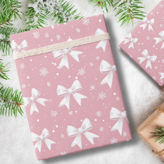 Papier Cadeau Noël flocon de neige ruban coquette rose (Créateur téléchargé)