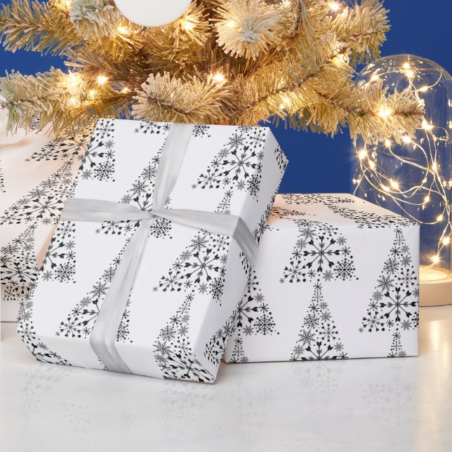 Papier cadeau Noël flocons de neige arbre noir et  (Vacances)
