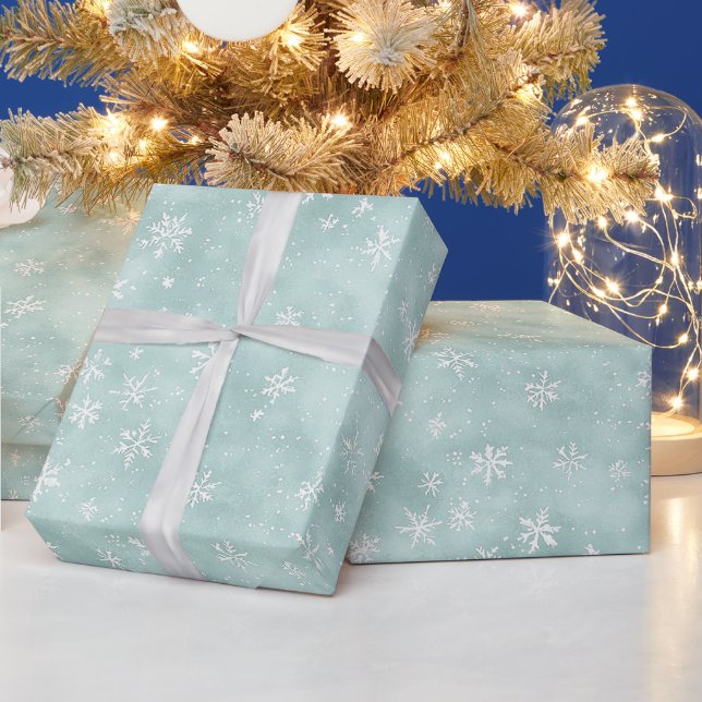Papier Cadeau Noël Flocons de Neige Bleu Menthe Blanc (Vacances)