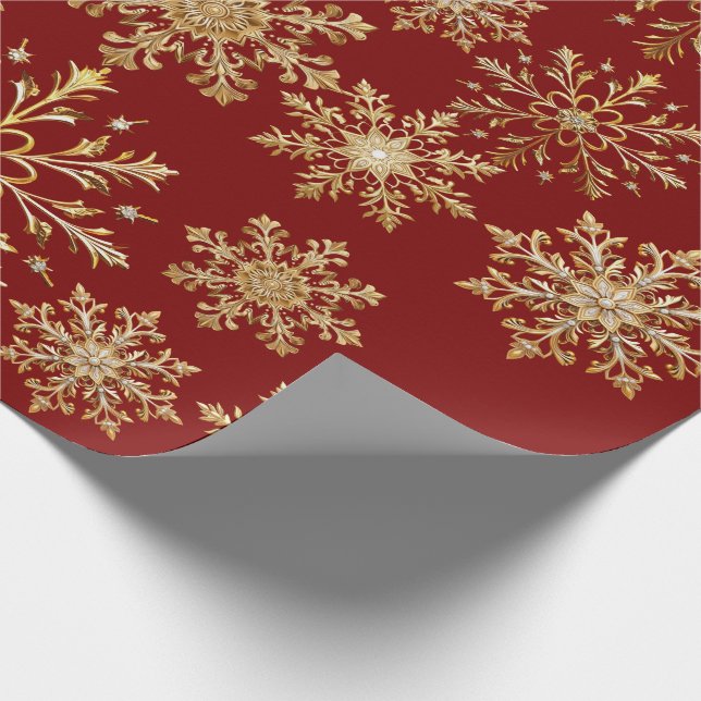 Papier cadeau Noël flocons de neige or et rouge (Coin)