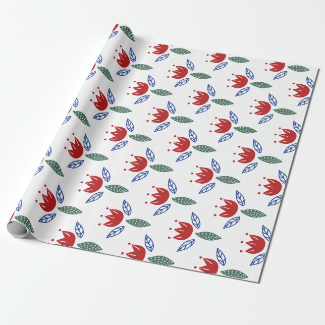 Papier Cadeau Noël floral bleu rouge scandinave de motif (Déroulé)