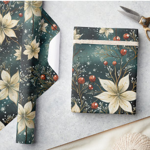 Papier Cadeau Noël Floral Crème d'hiver Poinsettia
