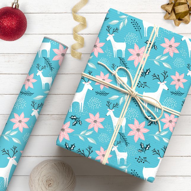 Papier Cadeau Noël Floral de Renne et de Poinsettia Fantaisiste (Créateur téléchargé)