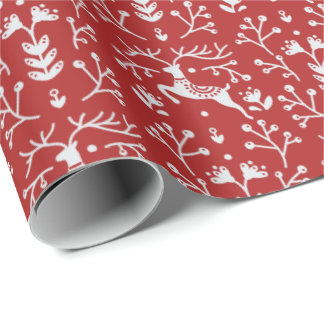 Papier Cadeau Noël floral des rennes blancs rouges scandinaves