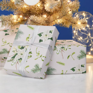 Papier Cadeau Noël Floral Illustré Vert et Blanc