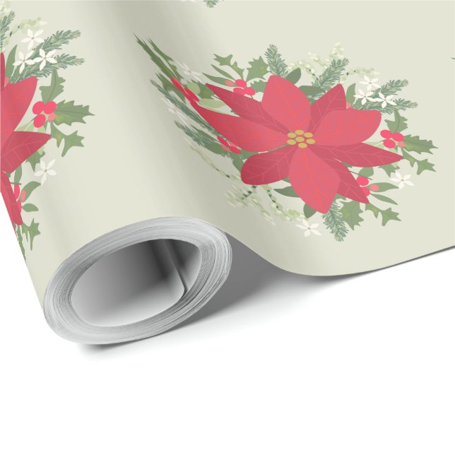 Papier Cadeau Noël Floral Rouge Poinsettia (Coin rond)