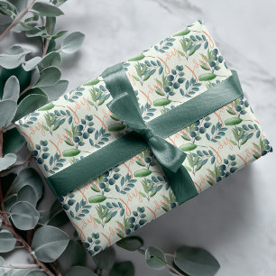 Papier Cadeau Noël floral sage de feuillage de vert de manuscri