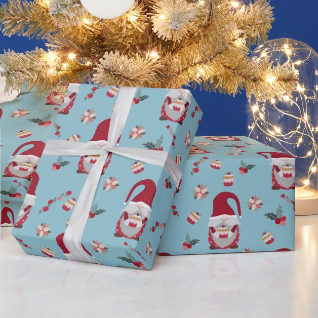 Papier Cadeau Noël gnome bleu avec gâteau (Vacances)