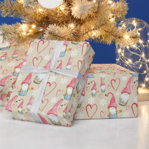 Papier Cadeau Noël Gnome Rose Mignon Aquarelle