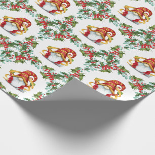 Papier Cadeau Noël Gnomes Holly Wreath Aquarelle Vacances