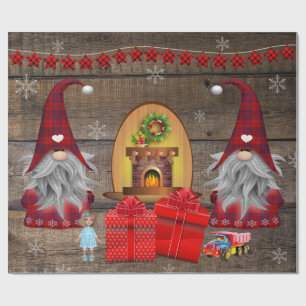 Papier Cadeau Noël Gnomes présente Bois rustique