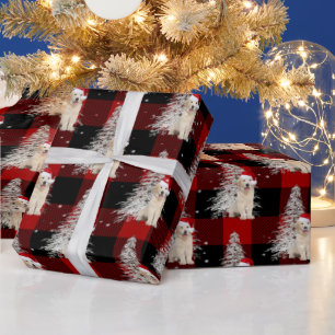 Papier Cadeau Noël Golden Retriever et l'arbre sur plaid